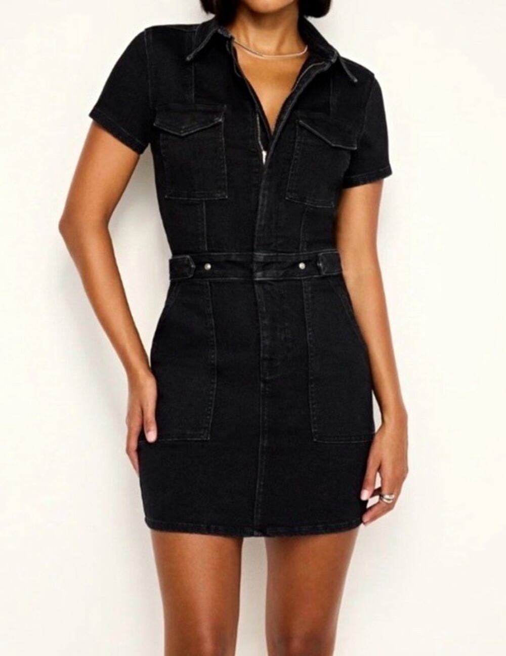 Good American Black Denim Zip-Front Utility Dress 2XL Adjustable Stretch Pockets